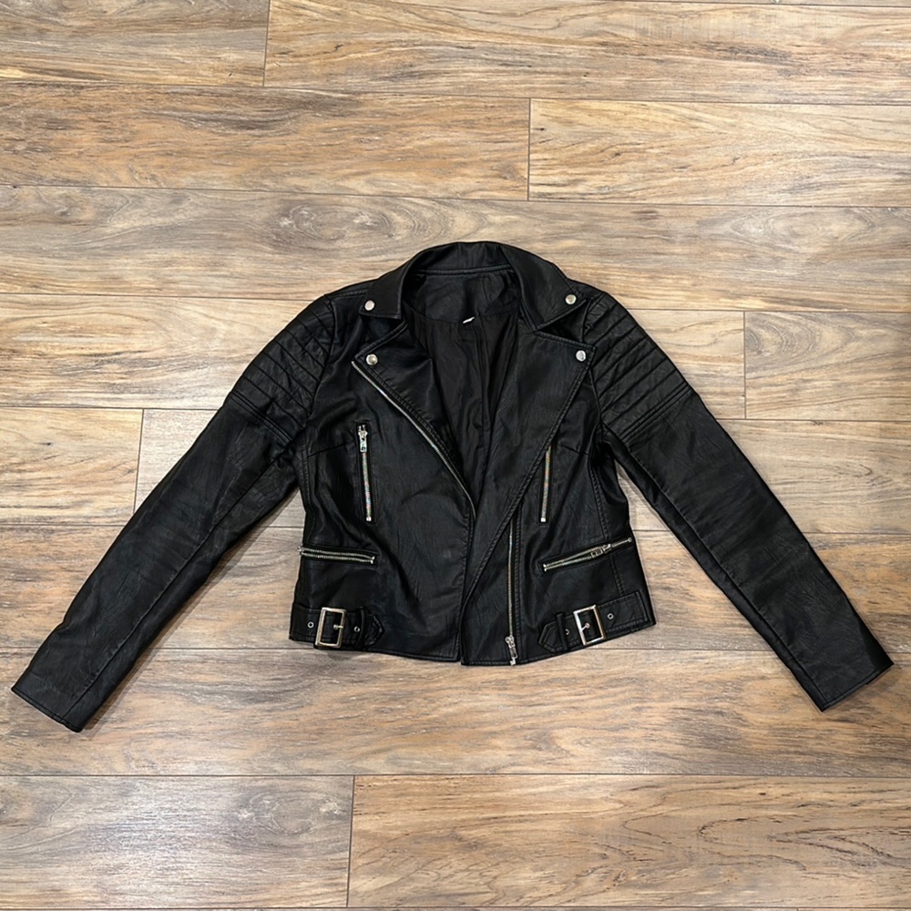 Black Denim Motorcycle Jacket with Structured Silhouette